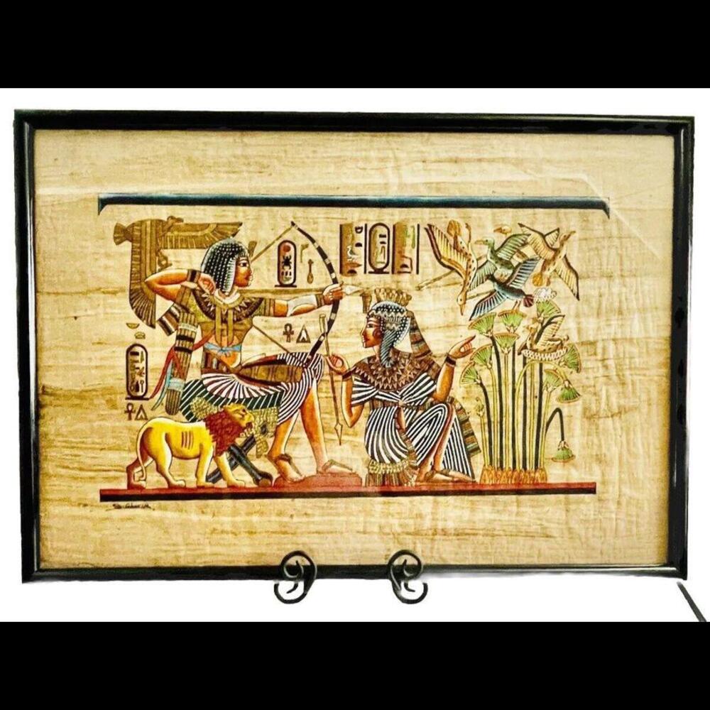 Vintage THE  EGYPTIAN PHARAOH KING RAMSES II HUNTING ORIG. PAPYRUS 18x26 inches